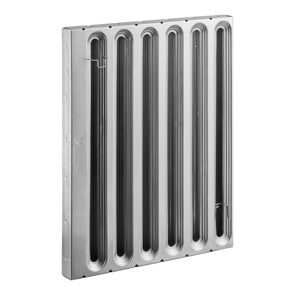 A galvanized steel hood filter with vertical baffles designed for commercial kitchen ventilation systems.