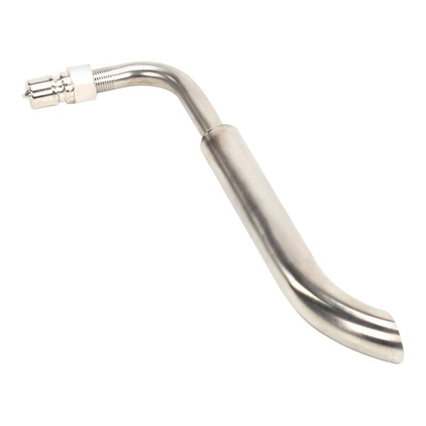 A silver curved pipe with a nut and a handle on it.