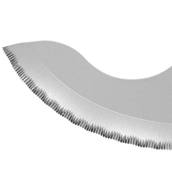 A curved silver knife blade with sharp edges.