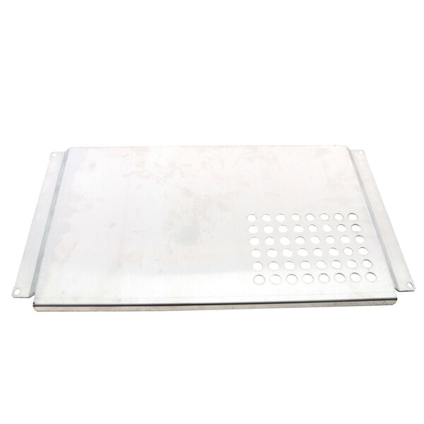 A white metal plate with holes.