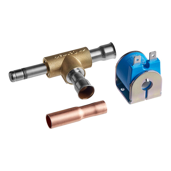 A close-up of a Manitowoc Ice copper solenoid valve.