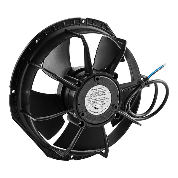 A black True Refrigeration condenser fan motor with wires.