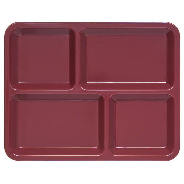 A dark cranberry rectangular tray with four square compartments.