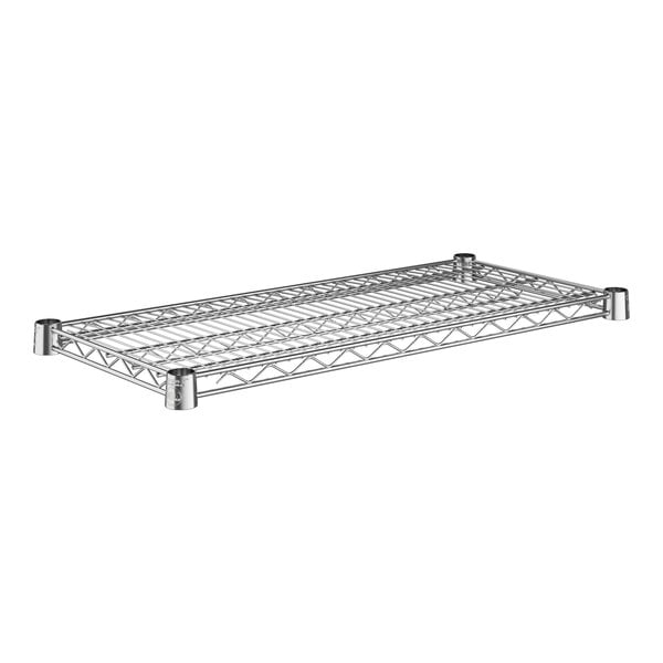 A close-up of a Regency chrome wire shelf with two shelves.