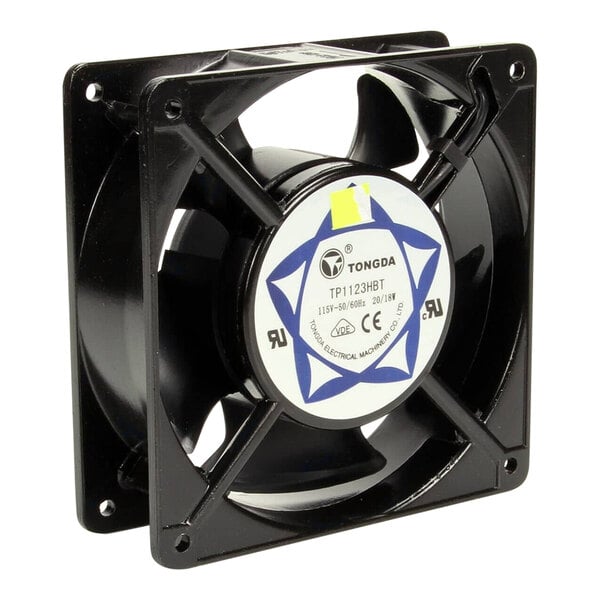 A black fan with a white and blue design.