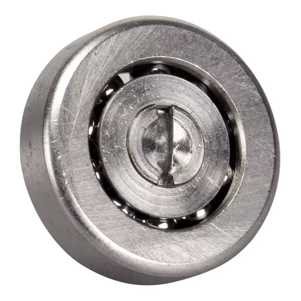 A Wells metal roller track bearing with stainless steel ball bearings inside a metal ring.