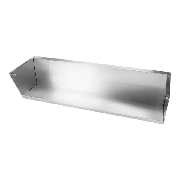 A rectangular, metallic, open-ended hood or cover with smooth reflective surfaces and angled sides.