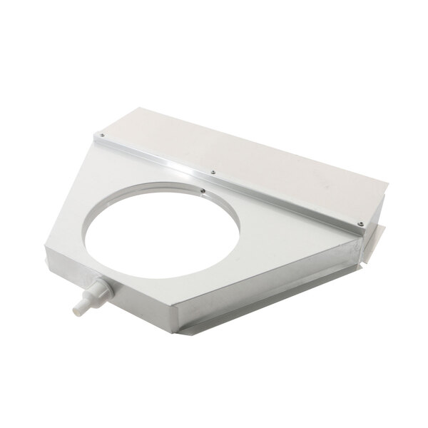A white metal True Refrigeration evaporator cover with a hole in the middle.