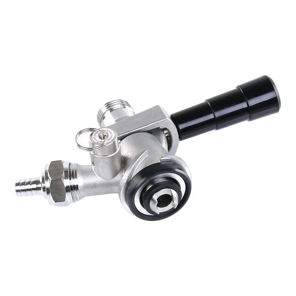 A metal keg tapping kit with a black handle and various connectors.