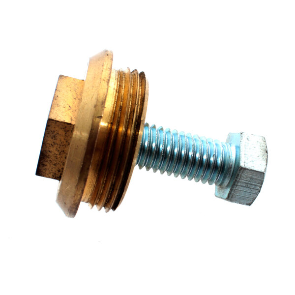 A brass bolt and nut on a white background.