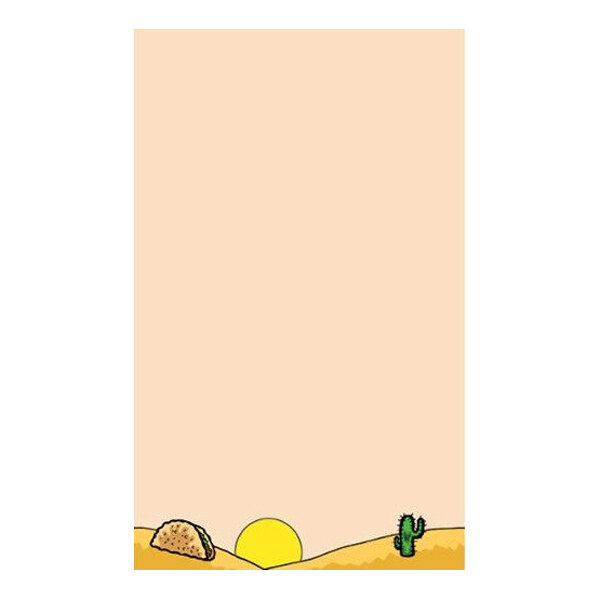 A simple illustration featuring a taco, a cactus, and a setting sun on a desert landscape at the bottom of a blank, beige background.