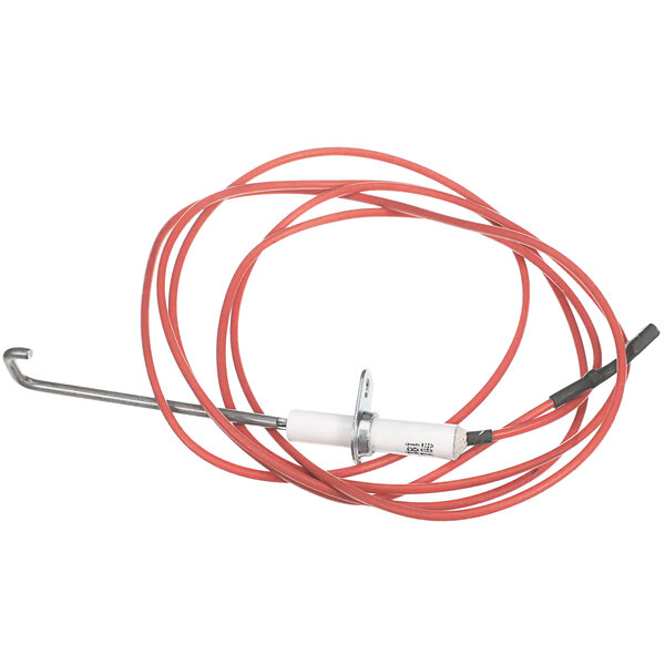 A red wire with a metal connector and a white wire with a metal connector.