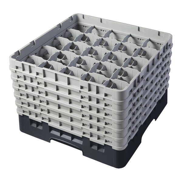 A black plastic Cambro glass rack with extenders on a white background.