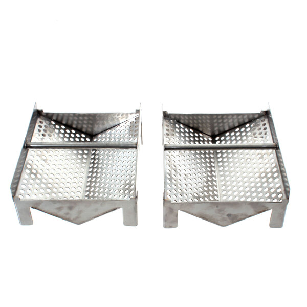 A pair of stainless steel mesh baskets with holes.