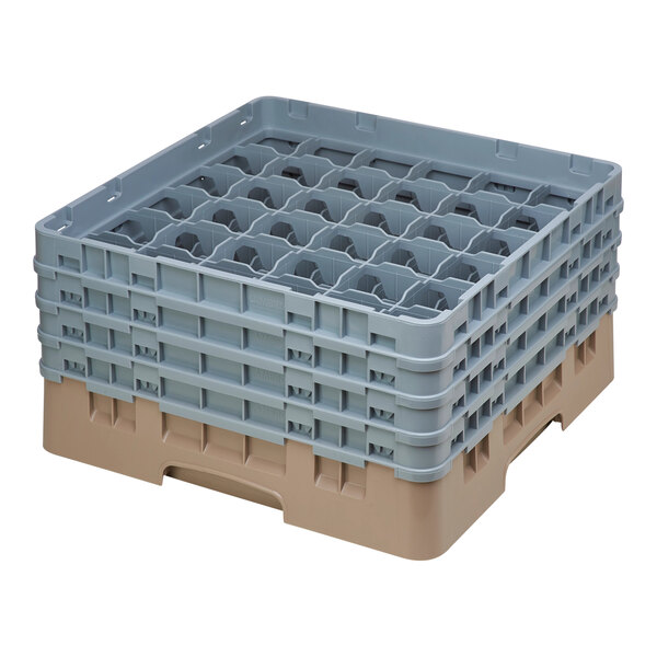 A beige plastic Cambro glass rack with extenders.