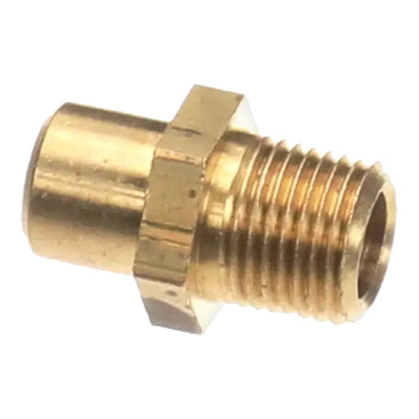 A brass orifice fitting for natural gas appliances.