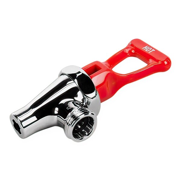 A red and silver Grindmaster-Cecilware faucet handle.