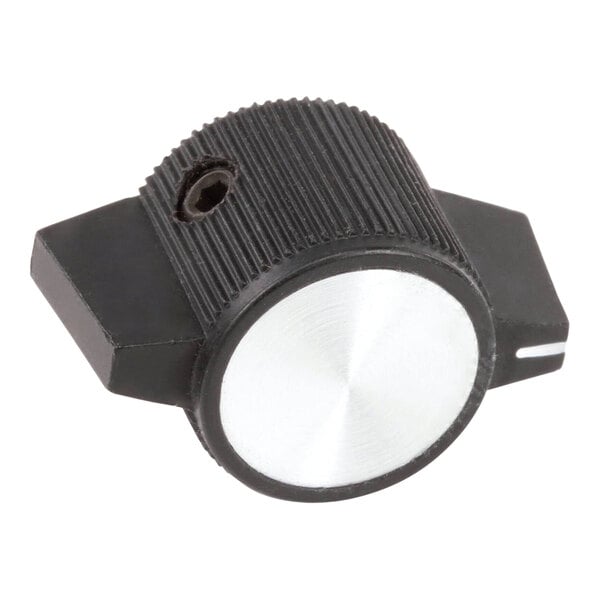 A black and silver knob with a screw.