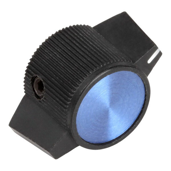 A blue and black plastic knob with a black plastic handle.