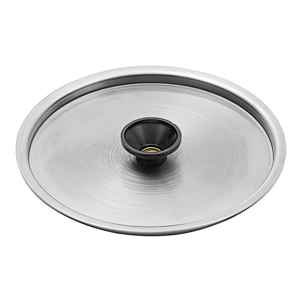 A stainless steel lid with a black circle on it.