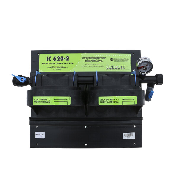 A black container with blue and green labels for a Selecto Filter System.