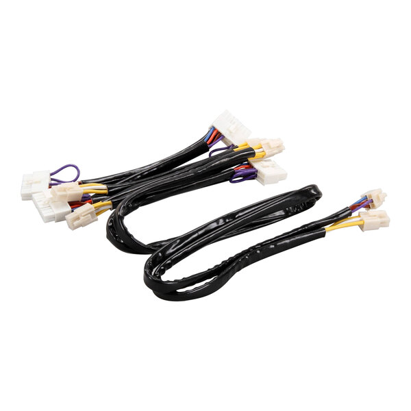 A group of black wires with white and yellow connectors.