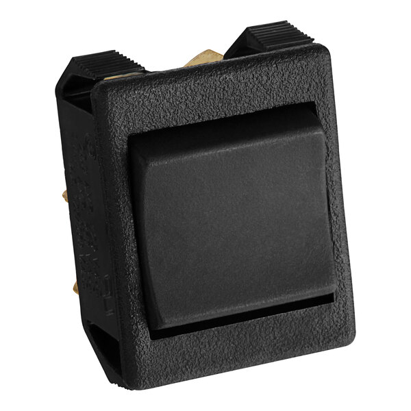 A black square rocker switch with a square black button.