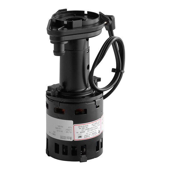 An Ice-O-Matic water pump with a black electric motor and a hose attached.