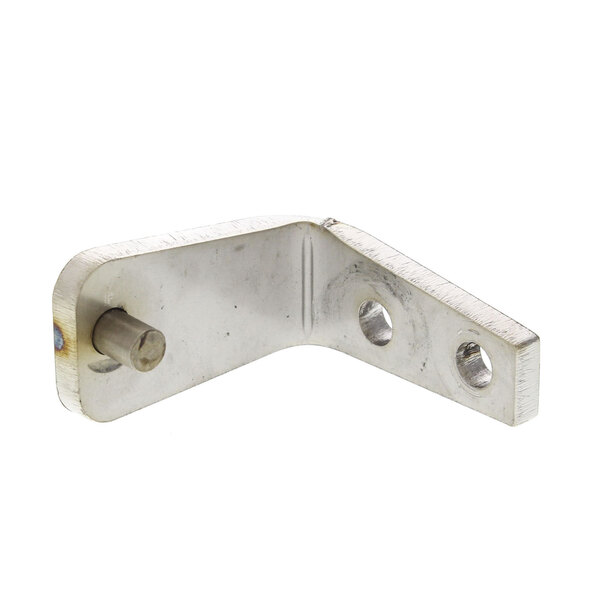 A Market Forge top hinge with two holes on a metal corner.