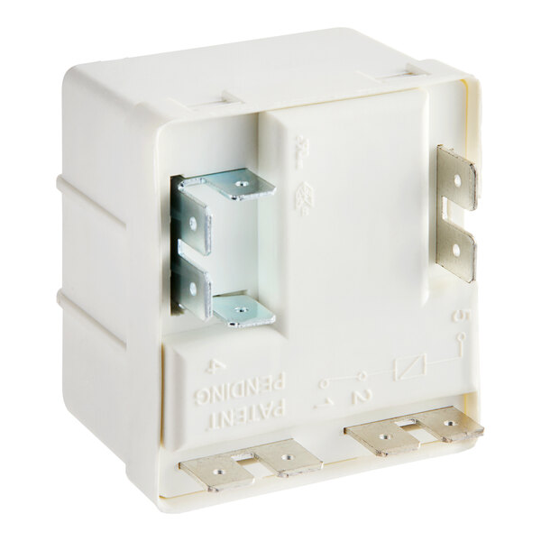 A white Ice-O-Matic relay pot with metal corners and two switches.