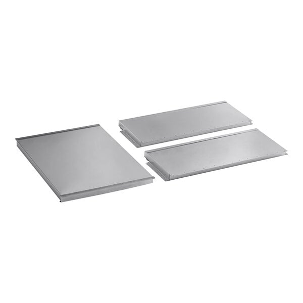 A set of three rectangular metal deflectors for commercial kitchen equipment.