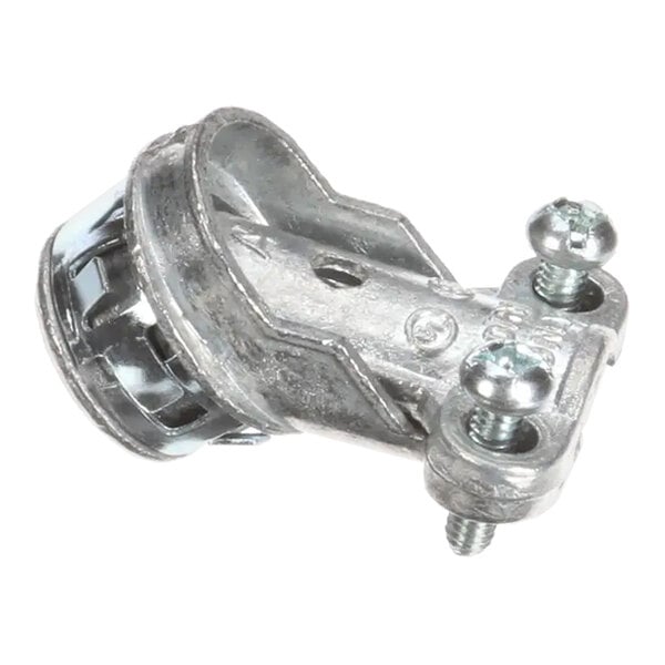 An angled metal electrical conduit connector with screws, known as an elbow fitting.