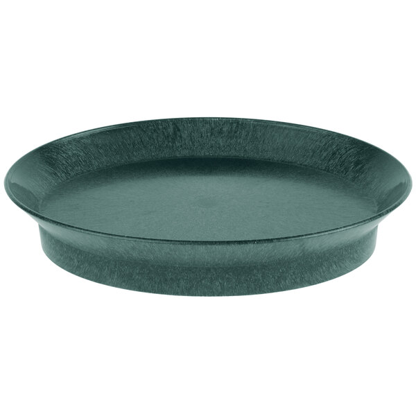 A green oval deli server with a black rim.