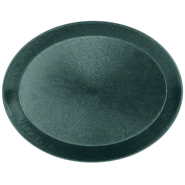 A dark green oval polypropylene deli server with a black rim.