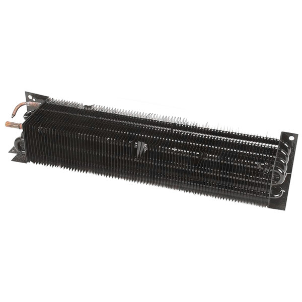 A black metal True Refrigeration evaporator coil with copper tubes.