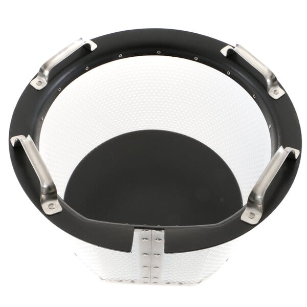 A black and white Salvajor strainer basket with metal handles.