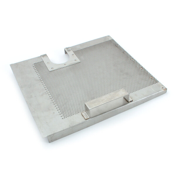 A Stero metal strainer pan with holes in it.