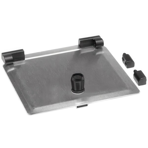 A metal plate with two black handles and a black knob.