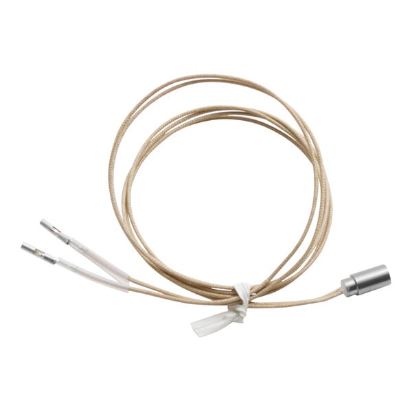 A white and brown cable with a probe on the end.