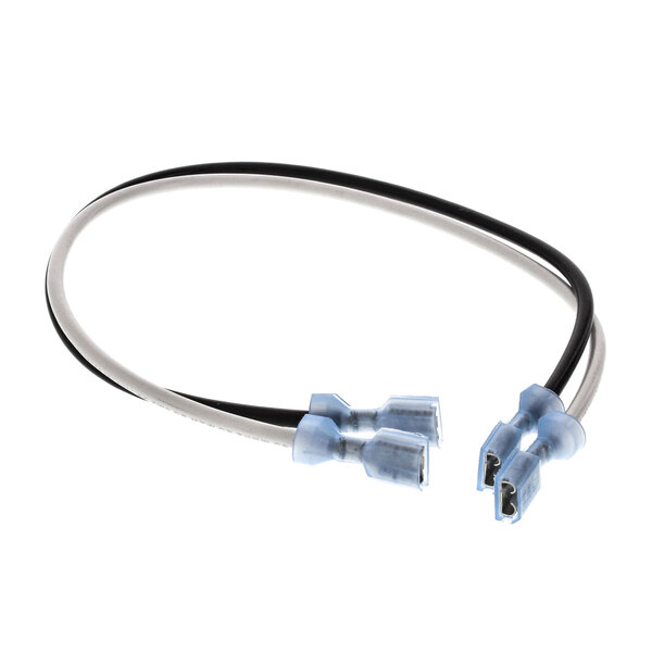 A pair of blue and white cables with a black connector plugged into a Henny Penny Harn-Circuit Breaker.