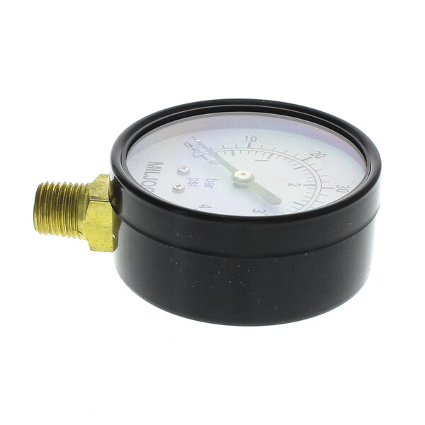 A black round Blakeslee pressure gauge with a white face.