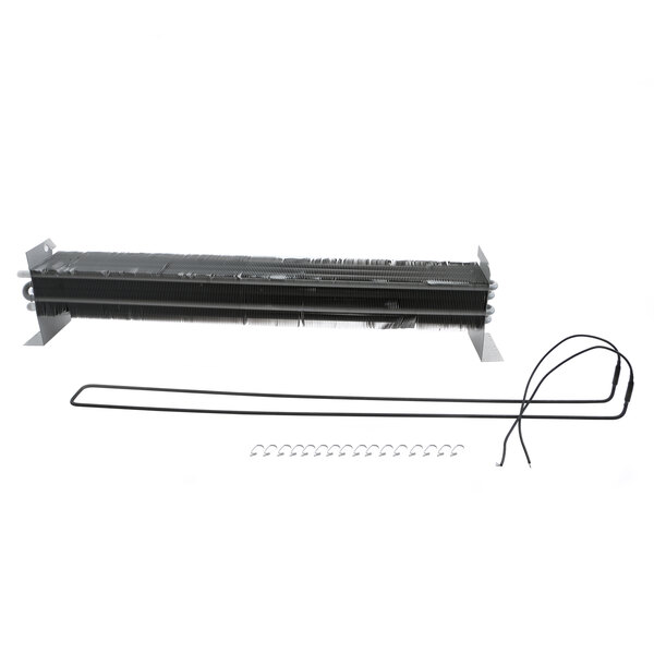 A black metal True Refrigeration evaporator coil with wires.