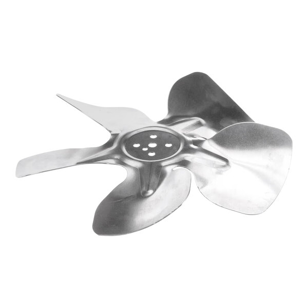 A metal propeller blade for a True Refrigeration fan on a white background.