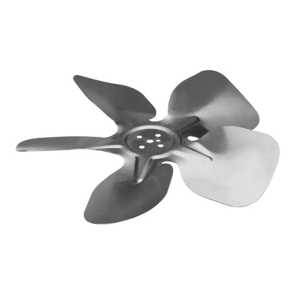 A close-up of a metal propeller fan blade.