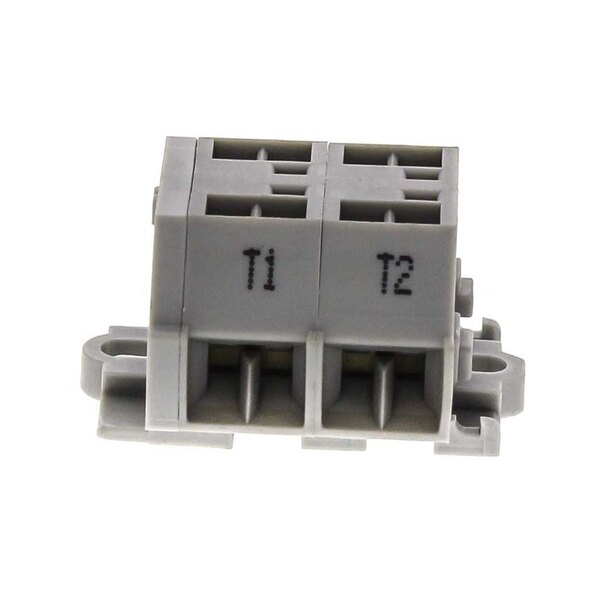 A gray Frymaster PLC screwless terminal block with black text.