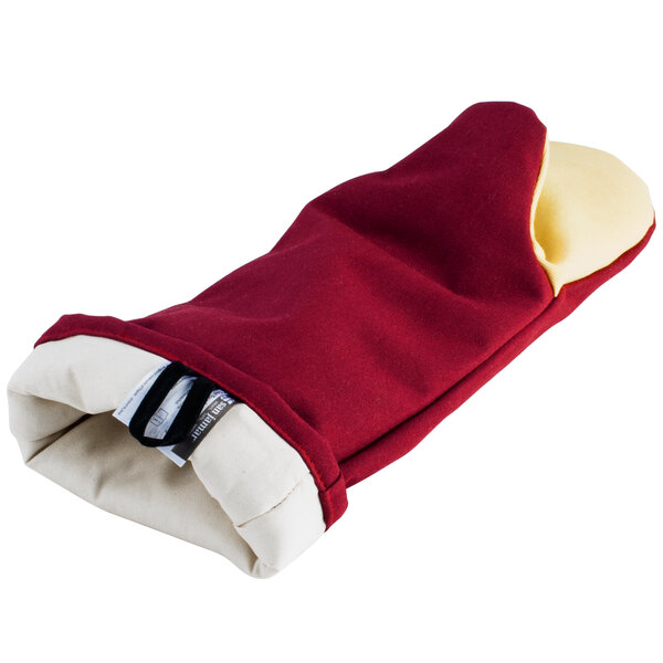 A red and yellow San Jamar Cool Touch Flame oven mitt with a white lining.