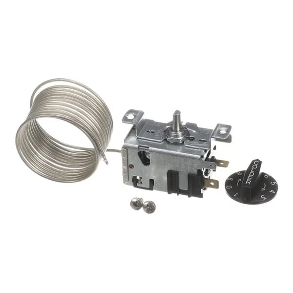 A True Refrigeration commercial thermostat with a black dial and metal knob.