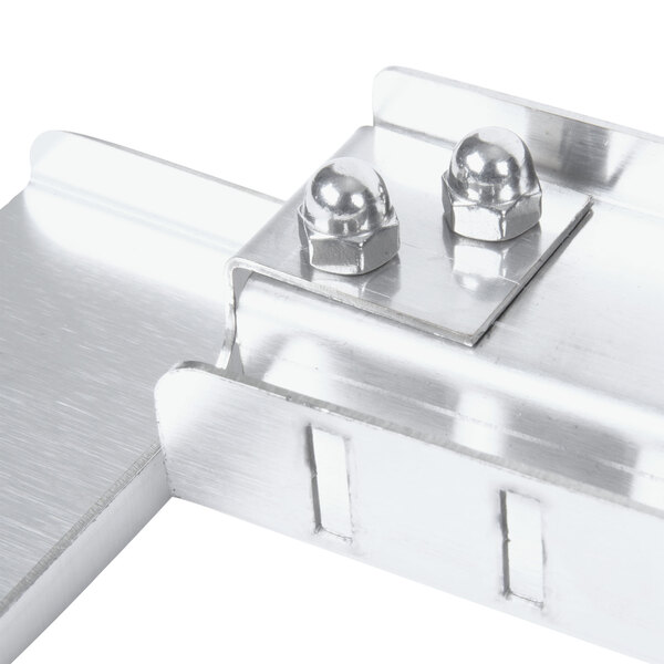 A metal bracket with two bolts and nuts.