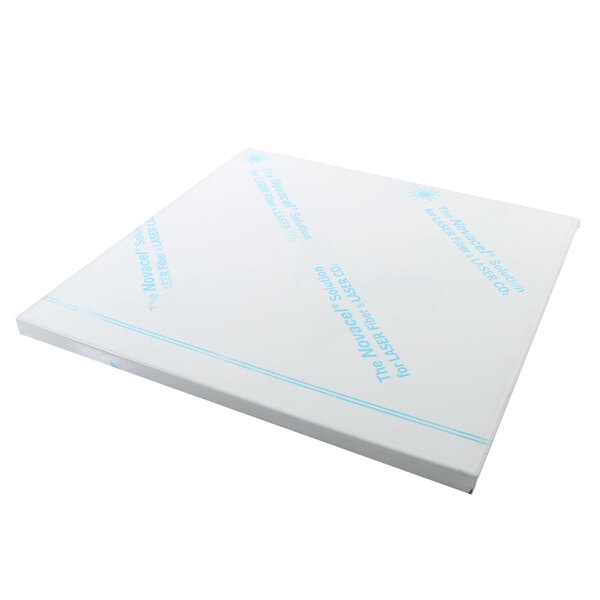 A white square panel with blue writing on it.