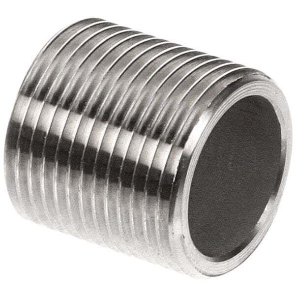 A close-up of a stainless steel threaded nipple.